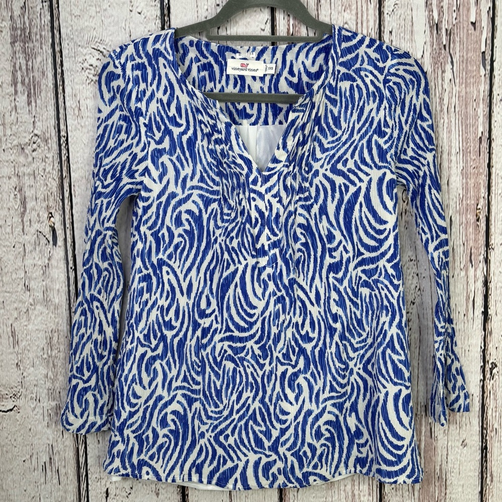 Vineyard Vines Women‎ XXS Blue White Zebra Print Silk Blend Lined Pintuck Blouse